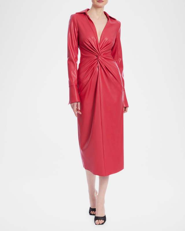 Twist-Front Faux Leather Midi Shirtdress